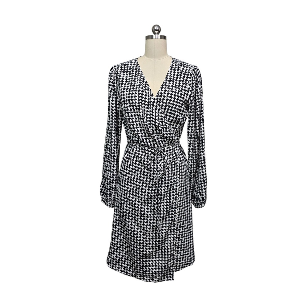 ModCloth Womens Black White Houndstooth Long Sleeve Wrap Dress Size Large